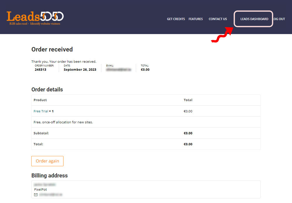 Order confirmation - select the dashboard